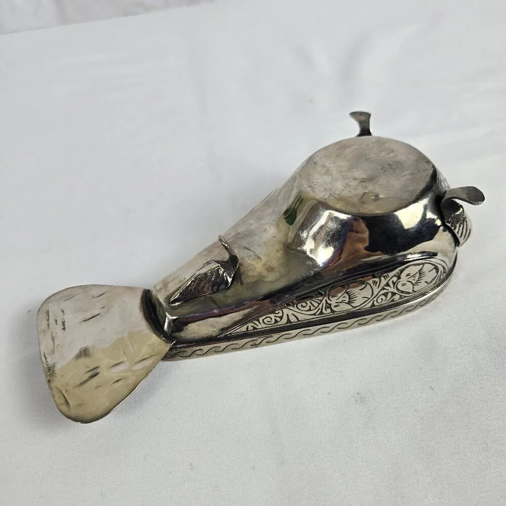 Vintage Silver Aluminum Bird Box Carved Florals and Swirls Tri-Legged Decor